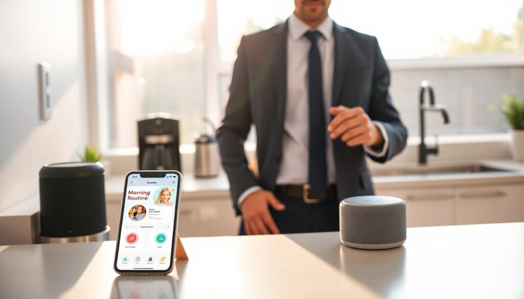 A serene morning scene showcasing a person in professional business attire, standing in a modern, bright kitchen, preparing for a smart morning routine. In the foreground, a sleek smartphone placed on a countertop displays a morning routine app with engaging graphics, symbolizing automation. In the middle, the individual interacts with a coffee machine and a smart speaker, indicating collaboration between technology and daily tasks. The background features a sunlit window revealing a peaceful garden, enhancing the atmosphere of tranquility and focus. Soft, warm lighting bathes the scene, creating an inviting and motivational mood. The angle is slightly elevated to capture both the person’s engaged expression and the functional kitchen space, emphasizing the concept of seamless integration in daily life.