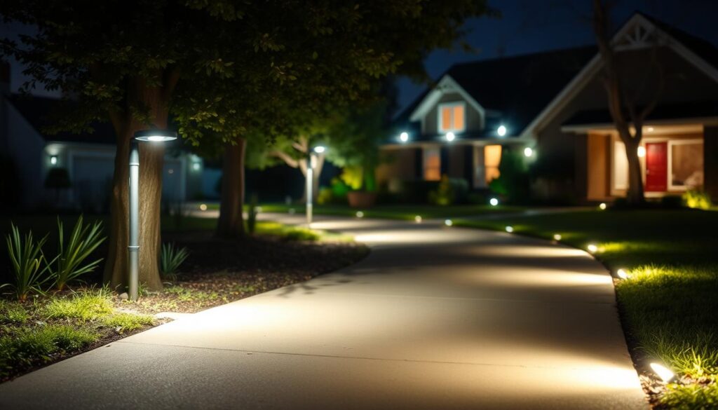 A serene nighttime scene depicting a residential pathway brightly illuminated by smart lighting systems. In the foreground, a well-lit path with soft, warm white lights embedded along the edges, creating a safe walkway. In the middle ground, a smart outdoor lighting fixture with sensors is mounted on a nearby tree, its gentle illumination casting inviting shadows. In the background, a cozy home glows with additional smart lights on the exterior, emphasizing security. The atmosphere is peaceful yet alert, suitable for guiding individuals safely through the night. The image features a slight depth of field, showcasing the pathway in sharp focus while the background is softly blurred. The artful use of light creates a sense of tranquility and safety, with no humans present in this serene, well-defined landscape.