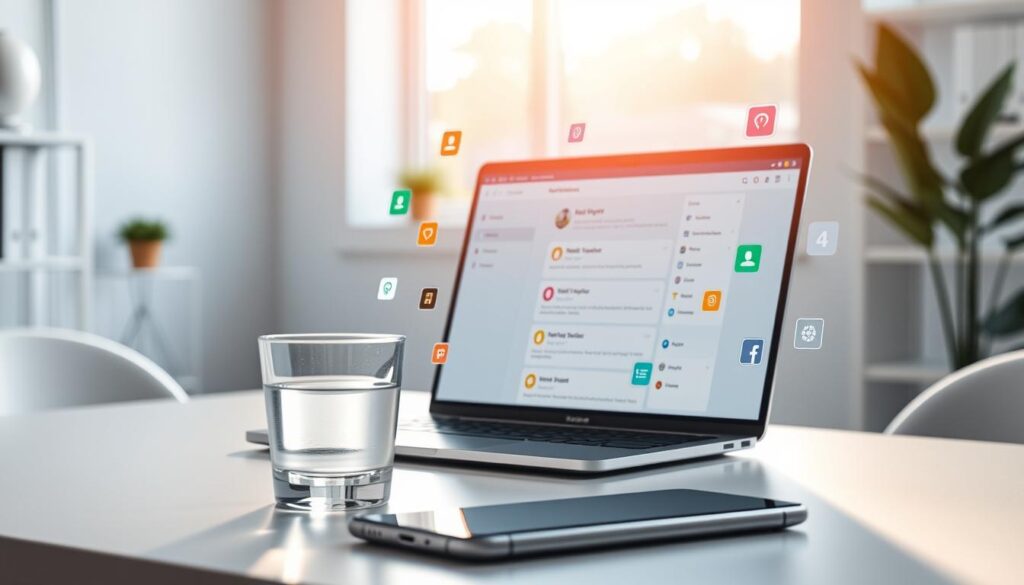 A serene office space with a modern aesthetic, showcasing a sleek desk with a laptop open, displaying a well-organized notification panel. In the foreground, a clear glass of water and a stylish smartphone sit on the desk, with gentle light reflecting on their surfaces. In the middle ground, an abstract visualization of notifications represented as colorful icons and alerts floats around the laptop, with some icons glowing brighter to signify importance. The background features a softly lit window where natural light streams in, creating a warm atmosphere. The scene conveys a sense of clarity and focus, highlighting the concept of prioritizing important notifications over distractions, captured with a soft focus lens effect for a dreamy ambiance.