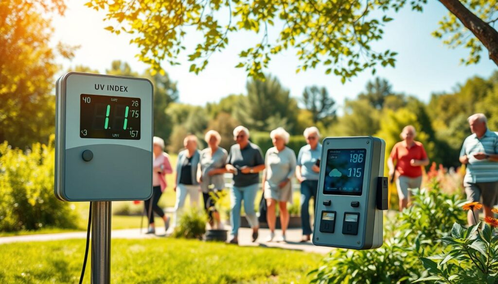 A serene outdoor scene depicting a UV index monitoring station in a sunny park setting, with a digital display indicating the UV levels prominently in the foreground. In the middle ground, a diverse group of seniors dressed in modest, casual clothing are engaging in various outdoor activities like walking and gardening, while looking curiously at the UV monitor. The background features lush greenery and clear blue skies, emphasizing the importance of sun safety. Soft, warm lighting enhances the inviting atmosphere, suggesting a pleasant day for outdoor activities. The scene captures a sense of awareness and community focus on protecting senior skin from UV exposure. The angle is slightly elevated, offering a comprehensive view of the harmonious interaction between the monitoring station and the seniors.