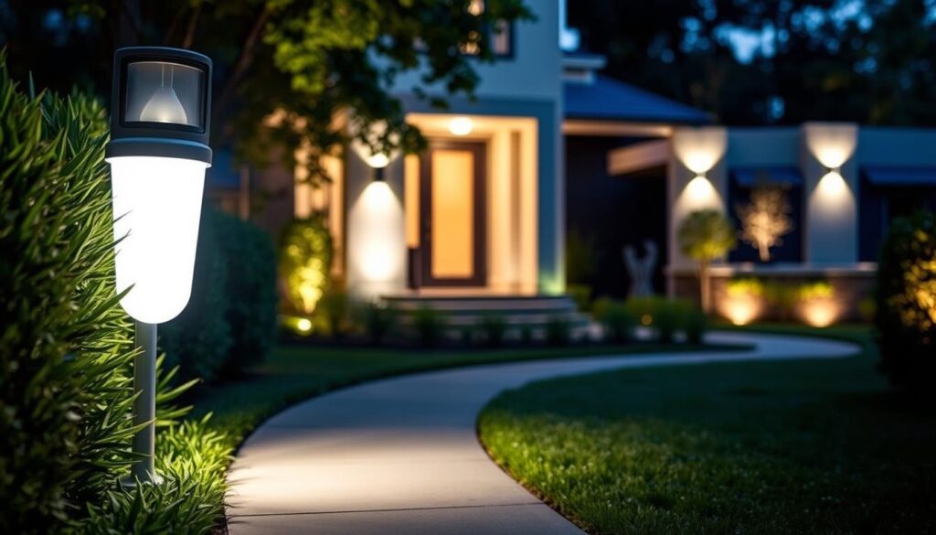 A serene outdoor walkway illuminated by motion-activated lighting. In the foreground, a sensor-equipped light fixture with a soft glow highlights a neatly paved path bordered by lush greenery. The middle scene features a modern home façade with strategically placed wall-mounted lights that illuminate the entrance and walkway, casting gentle shadows. The background showcases a well-maintained garden with subtle lighting accents that create an inviting atmosphere. The mood is tranquil, emphasizing the safety and convenience of outdoor lighting automation. Capture the image from a slightly elevated angle, with a warm color palette and soft evening light to evoke a peaceful ambiance, ensuring no people are present in the scene.