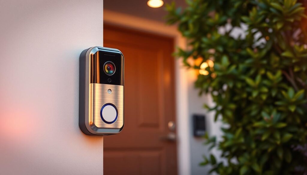 A sleek and modern secure smart doorbell installed on a contemporary home’s entryway, showcasing a shiny metallic finish and a high-definition camera lens for facial recognition. In the foreground, soft evening light casts a warm glow, highlighting the doorbell's features. The middle ground includes a stylish front door with a digital keypad nearby, symbolizing advanced security. Lush greenery frames the house in the background, adding a touch of tranquility. The scene is captured from a slightly angled perspective to emphasize the doorbell's innovative technology. The atmosphere conveys a sense of safety and reliability, perfect for emphasizing household security systems in a modern home setting.