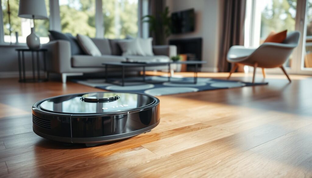 A sleek, futuristic smart home cleaning device, resembling a high-tech vacuum, sits prominently on a polished wooden floor in a modern living room. In the foreground, the device features a glossy black finish with soft LED lights illuminating its control panel, showcasing its advanced technology. In the middle ground, a stylish area rug adds a pop of color, while a plush sofa with contemporary cushions surrounds the device, emphasizing its role in a smart home environment. In the background, large windows bathe the room in natural light, creating a bright and inviting atmosphere. The scene captures a sense of cleanliness and innovation, highlighting the benefits of automation in home maintenance. The angle showcases the device in action, gliding effortlessly across the floor, embodying convenience and ease of living. A sleek, futuristic smart home cleaning device, resembling a high-tech vacuum, sits prominently on a polished wooden floor in a modern living room. In the foreground, the device features a glossy black finish with soft LED lights illuminating its control panel, showcasing its advanced technology. In the middle ground, a stylish area rug adds a pop of color, while a plush sofa with contemporary cushions surrounds the device, emphasizing its role in a smart home environment. In the background, large windows bathe the room in natural light, creating a bright and inviting atmosphere. The scene captures a sense of cleanliness and innovation, highlighting the benefits of automation in home maintenance. The angle showcases the device in action, gliding effortlessly across the floor, embodying convenience and ease of living.