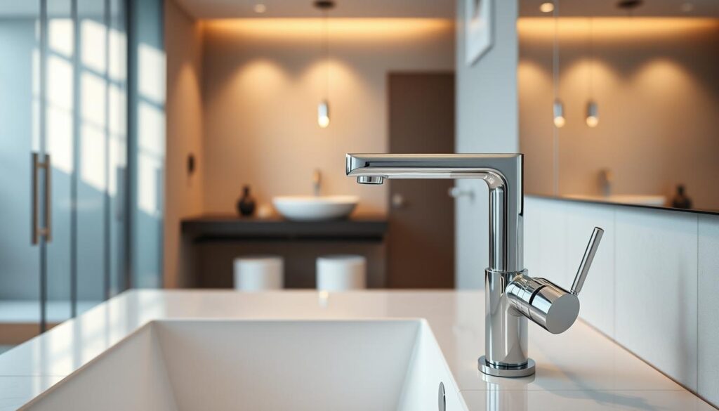 A sleek, modern bathroom featuring a sophisticated anti-scald smart faucet in polished chrome finish. The faucet is positioned prominently in the foreground, showcasing its digital temperature display and ergonomic design. In the middle ground, a stylish sink with elegant countertop complements the faucet, adorned with minimalistic accessories. The background reveals a tastefully designed bathroom with soft ambient lighting casting gentle shadows, enhancing the contemporary feel. The atmosphere is serene and inviting, conveying a sense of safety and comfort. The composition should be shot from a slightly elevated angle, emphasizing the features of the faucet while allowing the overall bathroom aesthetic to shine. No humans are present in the image. A sleek, modern bathroom featuring a sophisticated anti-scald smart faucet in polished chrome finish. The faucet is positioned prominently in the foreground, showcasing its digital temperature display and ergonomic design. In the middle ground, a stylish sink with elegant countertop complements the faucet, adorned with minimalistic accessories. The background reveals a tastefully designed bathroom with soft ambient lighting casting gentle shadows, enhancing the contemporary feel. The atmosphere is serene and inviting, conveying a sense of safety and comfort. The composition should be shot from a slightly elevated angle, emphasizing the features of the faucet while allowing the overall bathroom aesthetic to shine. No humans are present in the image.
