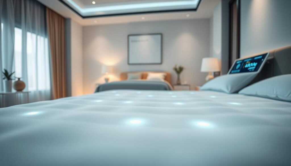 A sleek, modern bedroom featuring an elegant bed equipped with advanced smart bed sensors. In the foreground, focus on the mattress surface with subtly integrated sensors, highlighted by soft, ambient lighting that emphasizes the high-tech features. The middle ground showcases a bedside table with a minimalist design, possibly holding a digital display showing sleep patterns and heart rate data. The background reveals a softly lit room, adorned with calming decor and neutral tones, creating a serene atmosphere. Use a wide-angle lens effect to capture the spaciousness and tranquility of the environment. The overall mood should convey a sense of innovation and comfort, inviting the viewer to imagine the integration of technology into their sleep experience.