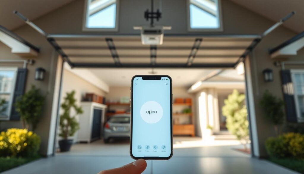 A sleek modern garage with an open door, revealing a well-organized space inside. In the foreground, a smartphone displays a user-friendly app showing the garage door's status—closed or open—with clear indicators. The middle ground features the garage door mechanism, highlighting sensors and technology for remote monitoring. Bright, natural lighting streams in from the side windows, emphasizing a clean, contemporary design. The background shows a suburban home with manicured landscaping, conveying a sense of security and peace of mind. The image is captured from a low angle to reveal the door's height and show the details of the smartphone interface with a soft bokeh effect surrounding it, creating a focused yet inviting atmosphere. A sleek modern garage with an open door, revealing a well-organized space inside. In the foreground, a smartphone displays a user-friendly app showing the garage door's status—closed or open—with clear indicators. The middle ground features the garage door mechanism, highlighting sensors and technology for remote monitoring. Bright, natural lighting streams in from the side windows, emphasizing a clean, contemporary design. The background shows a suburban home with manicured landscaping, conveying a sense of security and peace of mind. The image is captured from a low angle to reveal the door's height and show the details of the smartphone interface with a soft bokeh effect surrounding it, creating a focused yet inviting atmosphere.