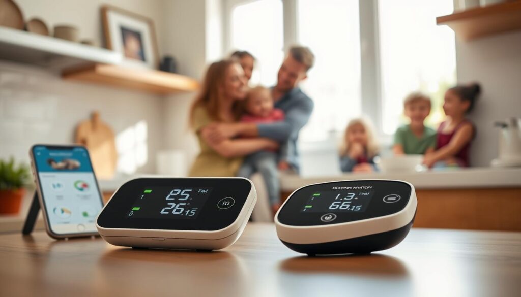 A sleek, modern glucose monitoring device rests prominently in the foreground, showcasing its digital display with clear, colorful readings. The device is surrounded by various user-friendly elements such as a smartphone displaying a family dashboard app, all designed with a clean, minimalist aesthetic. In the middle ground, a soft-focus kitchen environment suggests a space where family health discussions happen, with bright natural lighting streaming in through a window. In the background, a cheerful family portrait is subtly placed on a shelf, symbolizing connection and support. The overall mood is warm and inviting, emphasizing health and togetherness. The angle is slightly elevated, capturing the device's functionalities while maintaining a friendly atmosphere.
