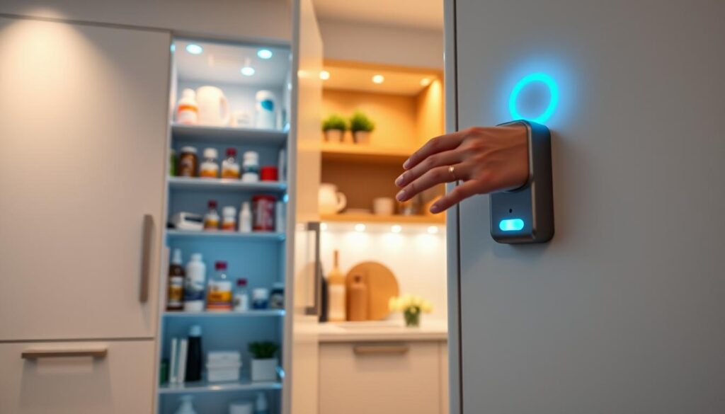 A sleek, modern kitchen featuring a smart cabinet with motion-activated lights illuminating the interior. In the foreground, the cabinet door is slightly ajar, showcasing neatly organized shelves filled with medication bottles and cleaning supplies. The motion sensor is visibly integrated into the cabinet design, with a soft blue LED light glowing to indicate activation. In the middle ground, a hand reaches towards the cabinet, highlighting the intuitive interaction with the smart lock mechanism. The background reveals a cozy and inviting kitchen space with warm wood accents and soft, ambient lighting. The scene conveys a sense of security and modern technology, creating an atmosphere of efficiency and safety. The image is captured with a slight downward angle to focus on the cabinet and the user’s interaction while maintaining a clear, professional aesthetic.