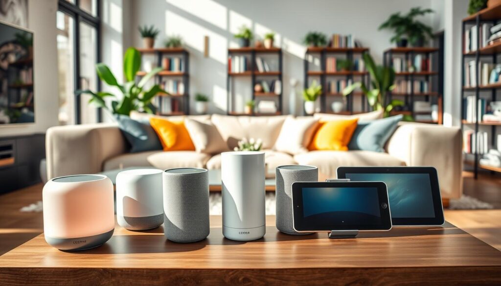 A sleek, modern living room showcasing an array of stylish smart speaker devices prominently displayed on a contemporary coffee table. In the foreground, the devices include a round smart speaker with a soft glow, a cylindrical speaker with a minimalist design, and a compact smart screen device, all featuring smooth, elegant surfaces and subtle branding. In the middle, a cozy couch with vibrant pillows invites interaction, while a soft area rug adds warmth. The background features a stylish bookshelf filled with books and greenery, enhancing a tech-savvy yet homey atmosphere. Natural light streams in through large windows, creating a bright and inviting ambiance. The scene should evoke a sense of innovation and convenience, perfect for illustrating modern home control technology.