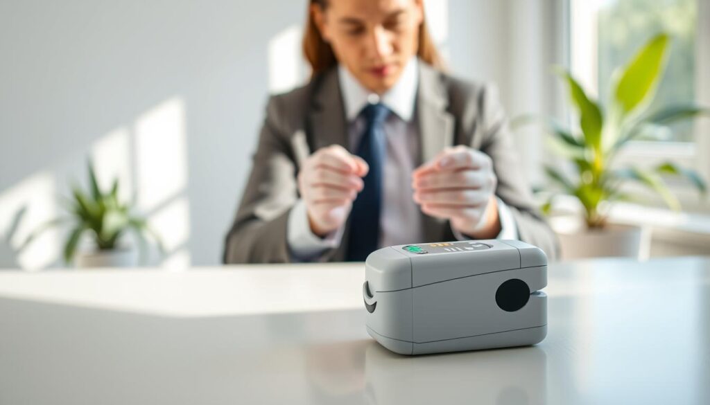 A sleek, modern portable pulse oximeter rests on a clean, white medical table in the foreground. The device features an advanced digital display showing vibrant green and blue readings of oxygen saturation and pulse rate. In the middle ground, a healthcare professional in professional business attire softly interacts with the device, focusing intently on the readings, while wearing latex gloves for hygiene. The background is softly blurred, depicting a bright, sterile environment of a home healthcare setup, with plants subtly enhancing the atmosphere. Natural light filters through a nearby window, casting gentle shadows to create an inviting yet clinical mood. The image should convey the importance and ease of using home pulse oximeters for oxygen monitoring.