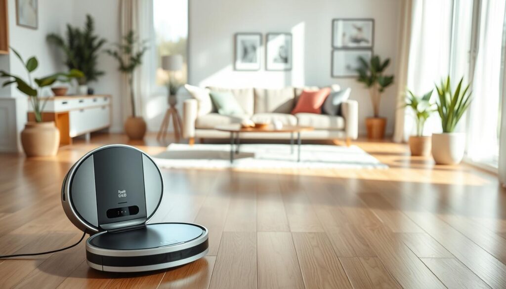 A sleek, modern programmable robot vacuum stands in the foreground, showcasing its smooth design and smart technology features, with an LED display and sensors visible. In the middle ground, a clean, stylish living room environment is portrayed, featuring polished hardwood floors and minimalistic furniture like a contemporary sofa and a coffee table. Soft natural light filters through large windows, casting gentle shadows that enhance the room's welcoming atmosphere. The background includes potted plants and artistic decor to suggest a homey feel. Capture the scene from a slightly elevated angle to emphasize the vacuum's design and functionality in a lived-in setting, evoking a sense of efficiency and comfort in home automation. A sleek, modern programmable robot vacuum stands in the foreground, showcasing its smooth design and smart technology features, with an LED display and sensors visible. In the middle ground, a clean, stylish living room environment is portrayed, featuring polished hardwood floors and minimalistic furniture like a contemporary sofa and a coffee table. Soft natural light filters through large windows, casting gentle shadows that enhance the room's welcoming atmosphere. The background includes potted plants and artistic decor to suggest a homey feel. Capture the scene from a slightly elevated angle to emphasize the vacuum's design and functionality in a lived-in setting, evoking a sense of efficiency and comfort in home automation.