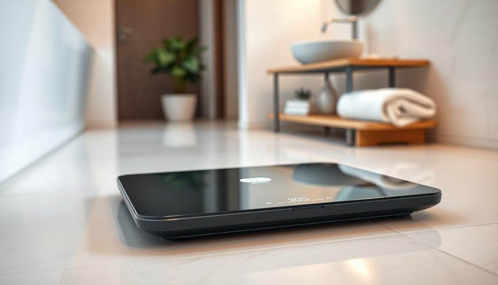 A sleek, modern smart scale placed on a clean, minimalist bathroom floor, emphasizing its smooth glass surface and digital display. The scale is positioned in the foreground, with soft, diffused lighting illuminating the device, creating a sense of sophistication. In the middle ground, a subtle reflection of a contemporary bathroom setting can be seen, featuring neutral tones and elegant decor, hinting at a focus on health and wellness. In the background, a potted plant and a neatly folded towel add a touch of warmth. The angle is slightly elevated, providing a view that captures both the scale and the serene environment, conveying a sense of calm and motivation. The overall atmosphere is professional and inviting, perfect for conveying the benefits of smart scales in health management.
