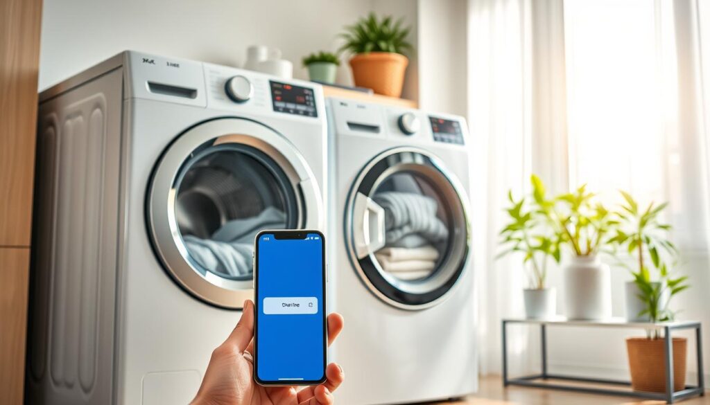 A sleek, modern smart washing machine and dryer set in a well-lit, stylish laundry room. The washing machine features a digital interface with colorful LED lights, while the dryer has a transparent door showcasing neatly dried clothes inside. In the foreground, a smartphone displays a notification alert for the appliances, emphasizing their smart connectivity. The middle ground includes a shelf with laundry supplies and vibrant potted plants adding a touch of warmth. The background shows a sunny window with sheer curtains, allowing natural light to enhance the cheerful atmosphere. The scene is captured at a slightly elevated angle for a comprehensive view, evoking a sense of innovation and convenience in home automation.
