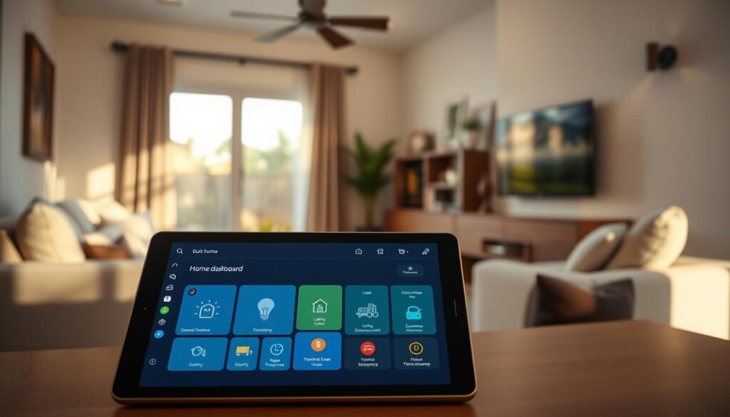 A sleek, modern tablet prominently displayed in the foreground, showcasing a customized home dashboard interface with icons for smart home controls like lighting, security, and temperature. The tablet's screen glows softly with vibrant colors, indicating active connections to various devices. In the middle ground, a cozy living room is visible, furnished with contemporary decor and soft textures, enhancing the homey atmosphere. Natural light streams in through a large window, casting gentle shadows that add depth to the scene. The background hints at a connected environment with smart speakers and light fixtures subtly integrated into the design. The mood conveys a sense of efficiency and comfort, emphasizing the tablet's role as the central hub of smart living. A sleek, modern tablet prominently displayed in the foreground, showcasing a customized home dashboard interface with icons for smart home controls like lighting, security, and temperature. The tablet's screen glows softly with vibrant colors, indicating active connections to various devices. In the middle ground, a cozy living room is visible, furnished with contemporary decor and soft textures, enhancing the homey atmosphere. Natural light streams in through a large window, casting gentle shadows that add depth to the scene. The background hints at a connected environment with smart speakers and light fixtures subtly integrated into the design. The mood conveys a sense of efficiency and comfort, emphasizing the tablet's role as the central hub of smart living.