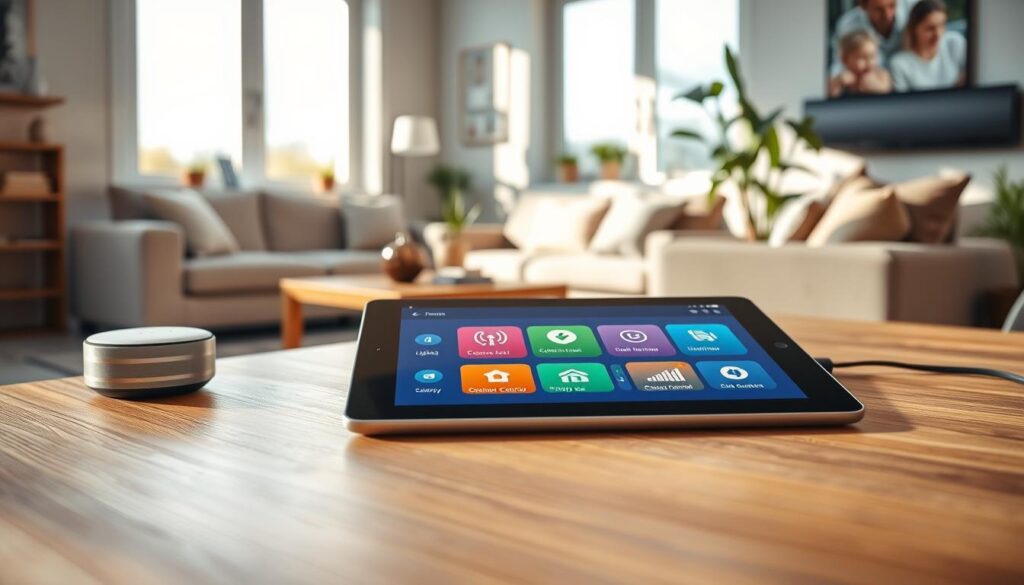 A sleek, modern tablet sits on a stylish wooden table, displaying a bright, user-friendly interface designed for home control. The foreground features the tablet with vibrant icons showcasing smart home features like lighting, climate control, and security. In the mid-ground, a well-lit, cozy living room is visible, featuring comfortable furniture and tasteful decor, suggesting an inviting atmosphere. Soft sunlight filters in through large windows, casting gentle shadows. In the background, a smart speaker and indoor plants hint at a tech-savvy yet relaxed environment. The image is captured from a slight overhead angle, emphasizing the tablet's interface while maintaining the warmth and comfort of a home. The overall mood is welcoming and high-tech, ideal for showcasing home automation solutions. A sleek, modern tablet sits on a stylish wooden table, displaying a bright, user-friendly interface designed for home control. The foreground features the tablet with vibrant icons showcasing smart home features like lighting, climate control, and security. In the mid-ground, a well-lit, cozy living room is visible, featuring comfortable furniture and tasteful decor, suggesting an inviting atmosphere. Soft sunlight filters in through large windows, casting gentle shadows. In the background, a smart speaker and indoor plants hint at a tech-savvy yet relaxed environment. The image is captured from a slight overhead angle, emphasizing the tablet's interface while maintaining the warmth and comfort of a home. The overall mood is welcoming and high-tech, ideal for showcasing home automation solutions.