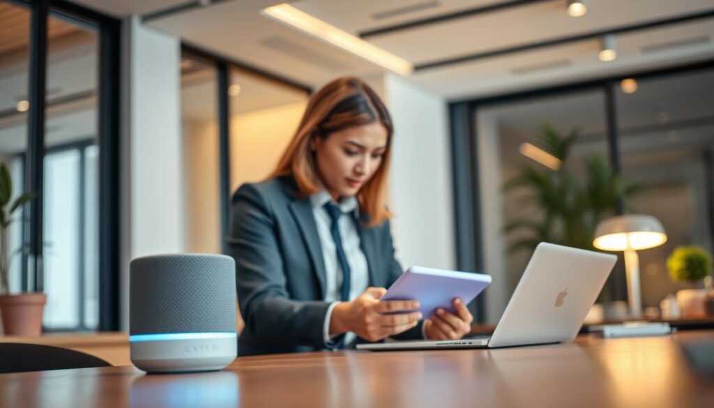 A sleek, modern workspace showcasing voice recognition technology in action. In the foreground, a close-up of a smart device, like a voice assistant, with glowing sensors indicating it’s actively listening. The middle ground features a person in professional business attire interacting with the device, their expression focused and engaged, demonstrating the practical use of voicerecognition. In the background, a stylish office environment with soft, warm lighting that creates an inviting atmosphere, enhancing the concept of technology seamlessly integrated into daily life. The camera angle is slightly elevated, providing a dynamic view of the interaction. Emphasize clarity and realism to convey the sophistication of voice recognition technology.
