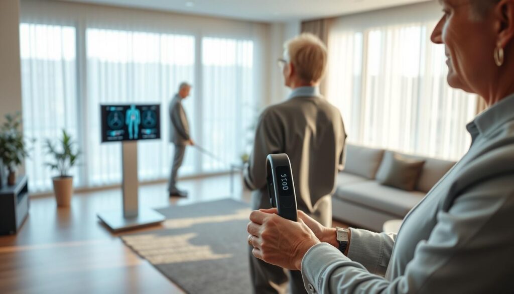 A sophisticated scene showcasing advanced posture monitoring technology for seniors. In the foreground, display a sleek, modern wearable device, like a smart wristband or clip, emphasizing its sensors and user-friendly design. In the middle ground, illustrate a multi-functional stand-alone monitoring system with a digital display showing real-time posture feedback. In the background, depict a serene living room setting, softly lit with natural light filtering through a large window, creating an inviting atmosphere. The overall mood should reflect innovation and comfort, subtly hinting at the integration of technology into daily life. Use a neutral color palette to convey a sense of calm and professionalism, ensuring all human figures present are dressed in modest, professional attire. A sophisticated scene showcasing advanced posture monitoring technology for seniors. In the foreground, display a sleek, modern wearable device, like a smart wristband or clip, emphasizing its sensors and user-friendly design. In the middle ground, illustrate a multi-functional stand-alone monitoring system with a digital display showing real-time posture feedback. In the background, depict a serene living room setting, softly lit with natural light filtering through a large window, creating an inviting atmosphere. The overall mood should reflect innovation and comfort, subtly hinting at the integration of technology into daily life. Use a neutral color palette to convey a sense of calm and professionalism, ensuring all human figures present are dressed in modest, professional attire.