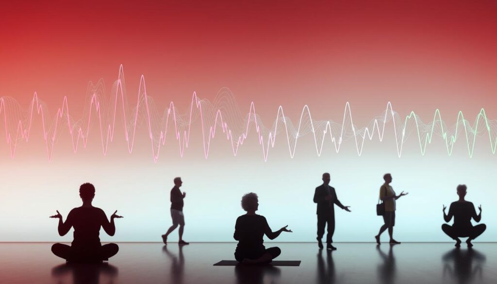 A visually striking illustration of heart rate variability, featuring a vibrant, abstract representation of a heart waveform dynamically fluctuating across the image. In the foreground, intricate lines and patterns depict varying heart rates in a spectrum of colors—reds, blues, and greens—symbolizing stress levels and emotional states. The middle ground showcases a serene, softly-lit environment designed for senior care, with silhouettes of elderly individuals engaging in mindful activities such as meditation or gentle exercises. The background is a calm gradient evoking tranquility, with soft, diffused lighting that creates a peaceful atmosphere. The overall mood should be one of balance and serenity, highlighting the importance of monitoring stress through heart rate variability. Use a wide-angle lens perspective to enhance depth.