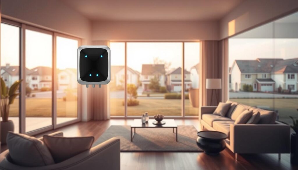 A visually striking illustration showcasing the benefits of glass break sensors in home security. In the foreground, depict a serene living room featuring stylish, modern furniture, with a focus on large glass windows. The middle ground highlights a sleek glass break sensor mounted on the window frame, with subtle glowing indicators suggesting it's active. In the background, a peaceful suburban neighborhood can be seen through the windows, bathed in warm, natural light. The atmosphere should convey a sense of security and tranquility, with soft shadows and highlights creating depth. Use a wide-angle perspective to emphasize the spaciousness of the room. Ensure there are no human figures, maintaining a professional and clean aesthetic throughout the image.