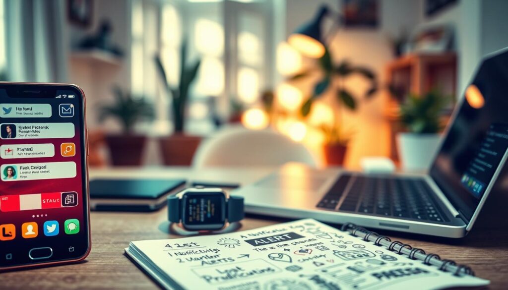 A visually striking image illustrating common sources of notifications, featuring a vibrant workspace. In the foreground, a smartphone with multiple notification icons (email, messages, social media) lit up, alongside a sleek laptop with alerts on its screen. The middle ground shows a smartwatch displaying notifications, and an open notebook with scribbled notes and doodles related to productivity and alerts. In the background, a subtle blurred view of a cozy home office environment with plants and ambient lighting creating a warm, inviting atmosphere. Soft, natural light filters through a nearby window, casting gentle shadows. The mood is focused yet slightly chaotic, reflecting the complexity of managing notifications in daily life.