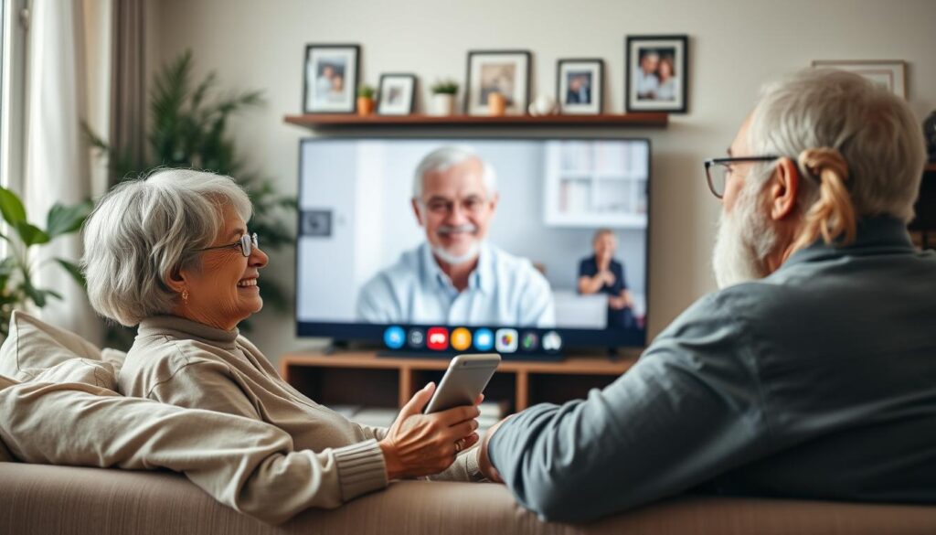 A warm and inviting living room where two seniors are virtually connecting through technology. In the foreground, an older woman in modest casual clothing sits comfortably on a couch, holding a tablet and smiling as she interacts with a video call. In the middle, a large screen shows a friendly face of a male senior, also dressed in casual attire, engaged in conversation. The background features cozy décor with soft lighting, plants, and framed photos that evoke a sense of nostalgia. The atmosphere is uplifting and intimate, highlighting the role of technology in bridging distances. Use soft, natural light to create a soothing and hopeful mood, captured with a slightly blurred background to focus on the interaction. A warm and inviting living room where two seniors are virtually connecting through technology. In the foreground, an older woman in modest casual clothing sits comfortably on a couch, holding a tablet and smiling as she interacts with a video call. In the middle, a large screen shows a friendly face of a male senior, also dressed in casual attire, engaged in conversation. The background features cozy décor with soft lighting, plants, and framed photos that evoke a sense of nostalgia. The atmosphere is uplifting and intimate, highlighting the role of technology in bridging distances. Use soft, natural light to create a soothing and hopeful mood, captured with a slightly blurred background to focus on the interaction.