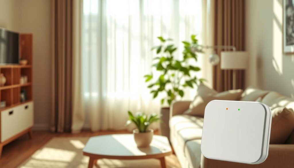 A well-lit living room setting focusing on allergen monitoring. In the foreground, a modern air quality sensor displays real-time data on dust mites and pollen levels, with LED lights indicating status. The middle ground features a comfortable sofa and a potted plant, symbolizing a healthy home environment. In the background, bright sunlight filters through sheer curtains, casting gentle shadows and creating a warm, inviting atmosphere. Soft greens and earthy tones dominate, enhancing the feeling of freshness and cleanliness. The image reflects the importance of monitoring allergens for health, emanating a sense of safety and well-being. The scene is captured from a slightly elevated angle, showcasing the technology in harmony with a cozy home.