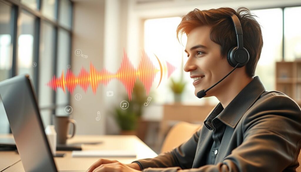 A well-lit office environment featuring a close-up of a professional person practicing pronunciation skills while using a voice dictation software on a sleek laptop. The foreground includes a focused individual, dressed in smart casual attire, speaking clearly into a microphone headset with a slight smile, conveying confidence. In the middle background, vibrant soundwave graphics subtly illustrate the enhancement of vocal clarity, while various pronunciation guides and phonetic symbols float around them. The lighting is soft and warm, creating an inviting atmosphere, with natural light filtering in through a large window behind, suggesting a productive and positive workspace. The angle is slightly elevated, capturing both the individual and the engaging elements of sound enhancement, promoting the idea of improving pronunciation skills effectively. A well-lit office environment featuring a close-up of a professional person practicing pronunciation skills while using a voice dictation software on a sleek laptop. The foreground includes a focused individual, dressed in smart casual attire, speaking clearly into a microphone headset with a slight smile, conveying confidence. In the middle background, vibrant soundwave graphics subtly illustrate the enhancement of vocal clarity, while various pronunciation guides and phonetic symbols float around them. The lighting is soft and warm, creating an inviting atmosphere, with natural light filtering in through a large window behind, suggesting a productive and positive workspace. The angle is slightly elevated, capturing both the individual and the engaging elements of sound enhancement, promoting the idea of improving pronunciation skills effectively.