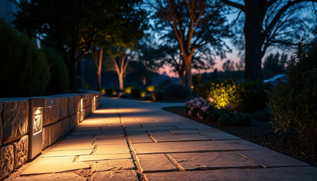 A well-lit pathway at dusk, featuring energy-efficient motion-activated exterior lights illuminating the way. In the foreground, a series of sleek motion-sensor lights are installed along the walkway, casting soft, warm light that highlights the textured stones of the path. The middle ground showcases a beautifully landscaped garden, where shadows play among bushes and flowers as the lights flicker on with movement. In the background, elegant trees frame the scene, their silhouettes gently visible against a twilight sky. The lighting softly glows, creating a secure and inviting atmosphere, emphasizing the importance of safety and accessibility in outdoor spaces. The angle is slightly elevated, capturing a wide view of the walkway, subtly inviting viewers into the scene.