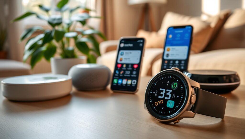 A well-organized arrangement of various smart devices designed for health alerts, prominently featuring a smartwatch displaying health stats, a sleek smartphone with health monitoring apps, and a digital health hub. In the foreground, illustrate a close-up of the smartwatch on a table, emphasizing its vibrant screen. In the middle, position the smartphone with notifications visible, alongside a small smart speaker. In the background, create a cozy home setting with a plant and natural light filtering through a window, creating a warm atmosphere. Use soft lighting to enhance the devices' screens, suggesting a sense of modern technology and innovation. The overall mood should be informative and inviting, reflecting a blend of health awareness and everyday convenience.