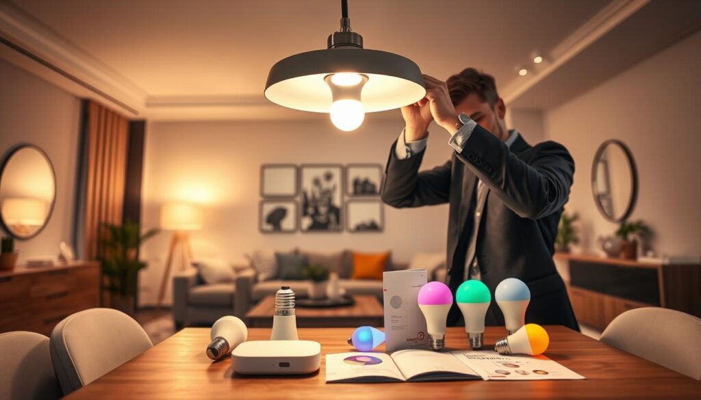 A well-organized, modern workspace featuring a smart lighting installation process. In the foreground, a professional in business attire is carefully unscrewing a standard light bulb from a sleek ceiling fixture, showcasing a mixture of traditional bulbs and a new smart bulb. In the middle, a table displays various smart lighting components, like a smart hub and colorful LED bulbs, arranged neatly with a user-friendly manual. The background reveals a contemporary living room with stylish decor, where the warm glow from the existing fixtures creates a cozy ambiance. The lighting is bright but soft, enhancing the mood of preparation and innovation. The angle captures both the action and the inviting space, emphasizing clarity and focus on the smart lighting system.