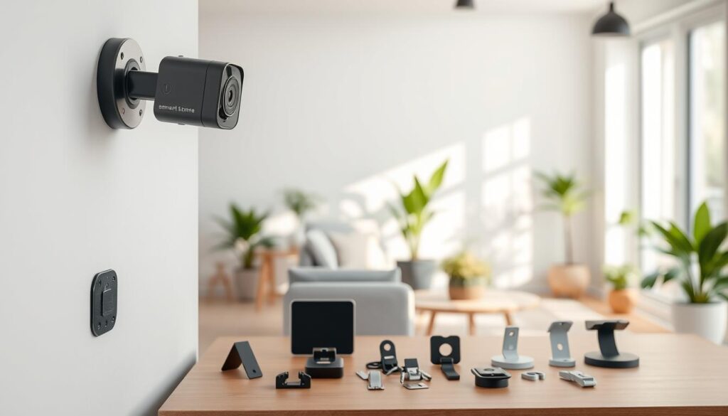 A well-organized workspace showcasing various mounting techniques for smart cameras. In the foreground, a wall featuring a compact smart camera mounted with a unique bracket, highlighting secure placement methods. In the middle ground, a variety of mounting accessories like adhesive mounts, clips, and brackets neatly arranged. In the background, a softly lit room with indoor plants and stylish furniture, creating a cozy atmosphere. Natural light filters through a window, casting gentle shadows, enhancing the professional ambiance. The scene conveys the importance of proper camera placement, while maintaining a clean and focused composition. The overall mood is serene and structured, emphasizing safety and careful consideration in camera installation. A well-organized workspace showcasing various mounting techniques for smart cameras. In the foreground, a wall featuring a compact smart camera mounted with a unique bracket, highlighting secure placement methods. In the middle ground, a variety of mounting accessories like adhesive mounts, clips, and brackets neatly arranged. In the background, a softly lit room with indoor plants and stylish furniture, creating a cozy atmosphere. Natural light filters through a window, casting gentle shadows, enhancing the professional ambiance. The scene conveys the importance of proper camera placement, while maintaining a clean and focused composition. The overall mood is serene and structured, emphasizing safety and careful consideration in camera installation.
