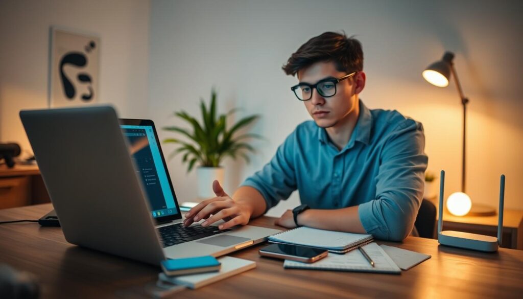 A young professional wearing a casual shirt and glasses sits at a desk, intently focused on troubleshooting a Wi-Fi connection issue. In the foreground, a laptop is open, displaying network settings, while a smartphone lies beside it, showing connection status. On the desk, a notepad captures troubleshooting notes, and a Wi-Fi router can be seen glowing in the background. The middle layer features a subtle glow emanating from a nearby lamp, casting a warm light that enhances the scene’s calm atmosphere. The background shows a modern home office with minimalistic decor, including a plant and tech gadgets. The overall mood is one of concentration and determination, with soft shadows imparting a professional, focused ambiance.