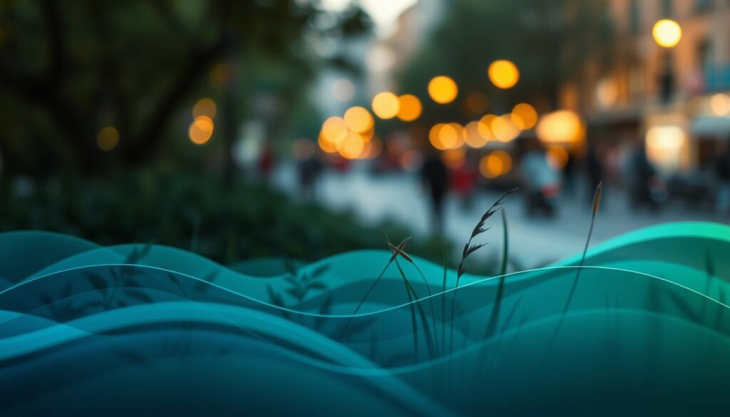 An abstract representation of ambient noise, with visual layers illustrating sound waves in gentle curves and soft ripples. In the foreground, subtle sound waves vibrate, using soft blues and greens to evoke tranquility. The middle ground features silhouettes of serene natural elements, like leaves and grasses, slightly swaying as if moved by sound. In the background, a blurred cityscape softly illuminated by warm golden hues, suggesting distant chatter and activity. The lighting is soft, diffused, creating a calming atmosphere. The scene portrays a harmonious blend of nature and urban sounds, reflecting the complexities of ambient noise and its soothing potential, all through a smooth lens focus that adds to the peaceful mood. An abstract representation of ambient noise, with visual layers illustrating sound waves in gentle curves and soft ripples. In the foreground, subtle sound waves vibrate, using soft blues and greens to evoke tranquility. The middle ground features silhouettes of serene natural elements, like leaves and grasses, slightly swaying as if moved by sound. In the background, a blurred cityscape softly illuminated by warm golden hues, suggesting distant chatter and activity. The lighting is soft, diffused, creating a calming atmosphere. The scene portrays a harmonious blend of nature and urban sounds, reflecting the complexities of ambient noise and its soothing potential, all through a smooth lens focus that adds to the peaceful mood.