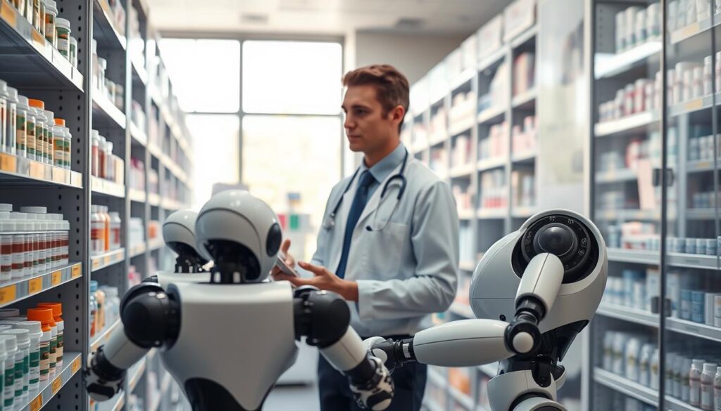 An advanced automated healthcare inventory system depicted in a bright, modern pharmacy setting. In the foreground, sleek robots are organizing and scanning medication shelves, showcasing a variety of prescription bottles and medical supplies. The middle ground features a healthcare professional in professional attire, monitoring a digital interface that displays real-time inventory data and alerts for low stock. In the background, high-tech shelves are filled with neatly arranged healthcare products, illuminated by soft, natural lighting filtering through large windows, creating an inviting atmosphere. The overall mood conveys efficiency and innovation in healthcare, emphasizing the role of technology in managing inventory effectively. Capture this scene with a focus on clarity and detail, using a slightly elevated angle to highlight the interaction between humans and technology.