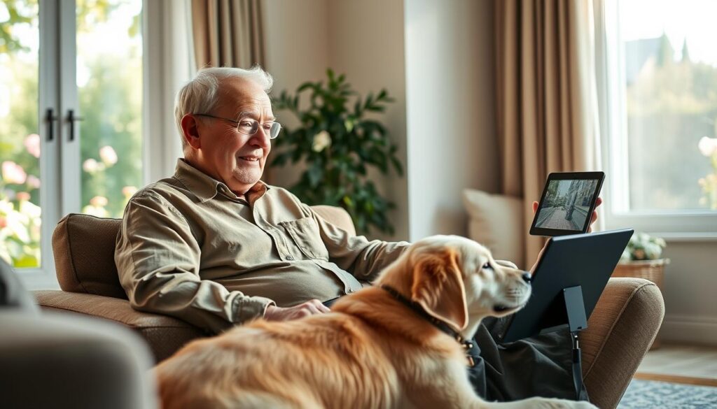 An elderly man in modest casual clothing sits comfortably in a cozy, well-lit living room, watching a smart camera display on a tablet nearby. His loyal Golden Retriever lies at his feet, observing the surroundings. In the background, a sunny window reveals a peaceful garden with flowers in bloom. Soft, warm lighting casts gentle shadows, enhancing the comforting atmosphere of the scene. The man's expression is one of contentment and ease as he monitors his pet's activities, symbolizing a strong bond. Capture the moment from a slightly elevated angle to give depth, while ensuring clarity of both the man and the pet. The overall mood should be serene and reassuring, illustrating the importance of pet monitoring for seniors. An elderly man in modest casual clothing sits comfortably in a cozy, well-lit living room, watching a smart camera display on a tablet nearby. His loyal Golden Retriever lies at his feet, observing the surroundings. In the background, a sunny window reveals a peaceful garden with flowers in bloom. Soft, warm lighting casts gentle shadows, enhancing the comforting atmosphere of the scene. The man's expression is one of contentment and ease as he monitors his pet's activities, symbolizing a strong bond. Capture the moment from a slightly elevated angle to give depth, while ensuring clarity of both the man and the pet. The overall mood should be serene and reassuring, illustrating the importance of pet monitoring for seniors.