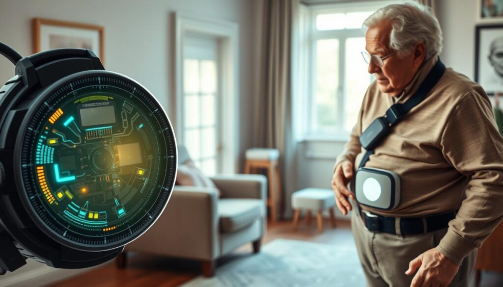 An informative illustration of how fall detection sensors operate, focusing on the technology behind the sensors. In the foreground, feature a close-up view of a device, showing intricate components like accelerometers and gyroscopes with luminous details, emphasizing their functionality. The middle ground should depict an elderly person in modest casual attire wearing a wearable fall detection device, demonstrating its usage in a home environment. The background can include a softly lit living room setting, featuring a comfortable chair and safety elements like grab bars. Use soft, natural lighting with a warm atmosphere to evoke a sense of security and care, captured from a slightly elevated angle to provide depth.