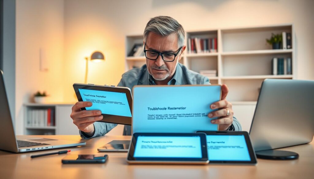 In a modern office environment, a focused technician is seated at a sleek, minimalist desk, surrounded by an array of smart devices, including a smartphone, tablet, and laptop, all displaying error messages. The foreground features the technician, a middle-aged individual in professional attire, examining a tablet closely, while their hands gesture towards a troubleshooting manual. The middle ground highlights the devices with glowing screens, suggesting they're in the process of troubleshooting. In the background, a soft, diffused light illuminates the workspace, casting a warm ambiance, while shelves lined with tech books create a sense of expertise. The atmosphere reflects concentration and problem-solving, emphasizing the importance of understanding device issues before performing a factory reset.