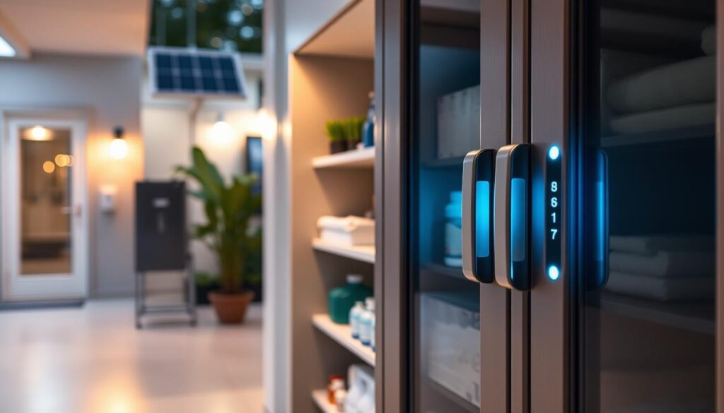 In the foreground, showcase a modern smart cabinet equipped with high-tech latches and access control panels that glimmer subtly with LED lights. The middle ground features a professional setting, perhaps a well-organized storage area for medications and cleaning supplies, illuminated by soft, warm lighting that creates a welcoming atmosphere. In the background, depict a glimpse of outdoor lighting automation elements, such as smart sensors or solar panels, suggesting enhanced security and efficiency. The scene is captured from a slightly elevated angle, giving a comprehensive view of the cabinet’s functionality and its integration within a modern environment. Emphasize a sense of safety and sophistication, embodying the advanced nature of securing supplies with smart technology.