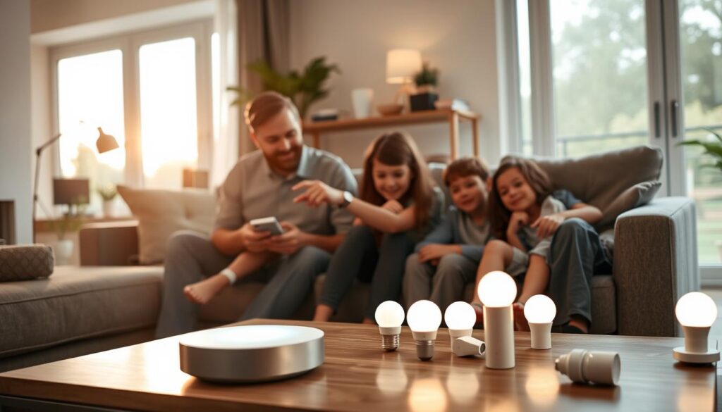 A cozy family living room setting that reflects a sense of security and togetherness. In the foreground, a father and mother, dressed in professional casual attire, are seated on a comfortable sofa, attentively demonstrating how to access smart home devices to their two children, who are eager and curious. The middle ground features a sleek, modern smart home hub on a stylish coffee table, glowing gently to indicate it's active. In the background, large windows let in soft, warm sunlight, illuminating various smart home gadgets like light bulbs and cameras. The atmosphere is friendly and educational, with a sense of safety and trust evident in the family's interaction. The lighting is soft and inviting, captured from a slightly elevated angle to showcase the family's engagement and the technology around them.