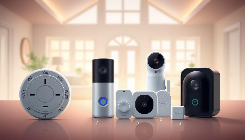 A detailed and informative illustration showcasing various types of smart home safety sensors. In the foreground, display a smoke detector, a carbon monoxide detector, and an indoor security camera, each clearly defined and accurately depicted. In the middle ground, include a smart doorbell camera and motion sensors, arranged neatly. In the background, an abstract representation of a smart home, with faint outlines of windows and doors, conveying a secure atmosphere. Use soft, ambient lighting to create a warm and inviting feel, mimicking daylight. The scene should capture a sense of safety and sophistication, inviting viewers to understand the importance of these devices in maintaining a smart home.