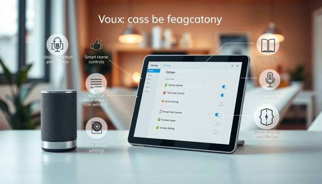 A detailed infographic showcasing an overview of voice assistant features. In the foreground, illustrate an elegant desktop scene with a sleek smart speaker and various icons representing features like voice recognition, smart home controls, and privacy settings. In the middle, display a digital tablet showing a user-friendly interface with toggles for microphone settings and privacy options. The background features a soft, blurred home office environment with warm lighting, evoking a sense of comfort and modernity. The image should use a focus lens effect to highlight the foreground elements while maintaining a clean and organized composition, creating a professional and informative atmosphere without any text or overlays.