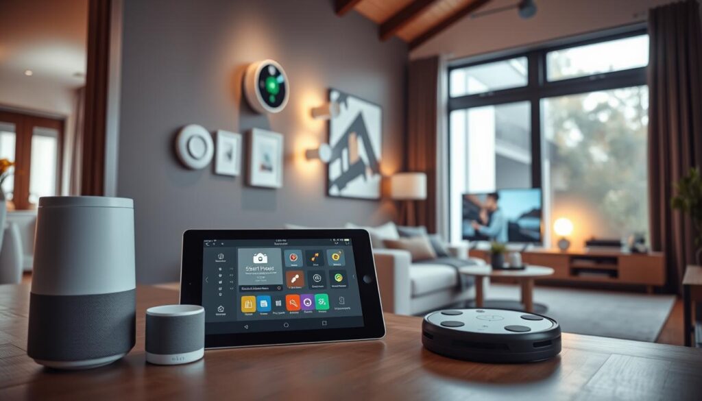 A modern, connected home interior showcasing a variety of smart devices designed for seamless integration. In the foreground, a sleek smart speaker and a tablet display a smart home app interface. In the middle, a wall-mounted smart thermostat, smart lights, and a security camera are visibly interconnected. The background features a cozy living area with stylish furniture, subtly highlighting a smart TV and a robotic vacuum in motion. Soft, ambient lighting enhances a warm atmosphere, while daylight filters through large windows. The scene conveys a sense of innovation and comfort, suggesting easy control and interaction among devices. The viewpoint is slightly elevated, giving a comprehensive overview of the space, focusing on device functionality and layout.