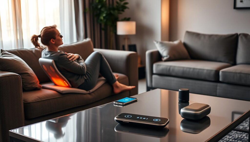 A modern, cozy living room designed for pain relief, featuring a smart heating pad on a stylish couch and a sleek TENS unit on a nearby coffee table. In the foreground, a person in modest casual clothing sits comfortably, looking relaxed while using the heating pad on their back, illustrating the comfort of technology in pain management. The middle area showcases a contemporary coffee table with a smartphone displaying an app for controlling the heating pad and TENS unit. The background includes a softly lit window with curtains, creating a warm atmosphere, and smart home devices subtly integrated into the decor. The composition is well-balanced with natural light coming from the window, enhancing the calming mood of the scene.