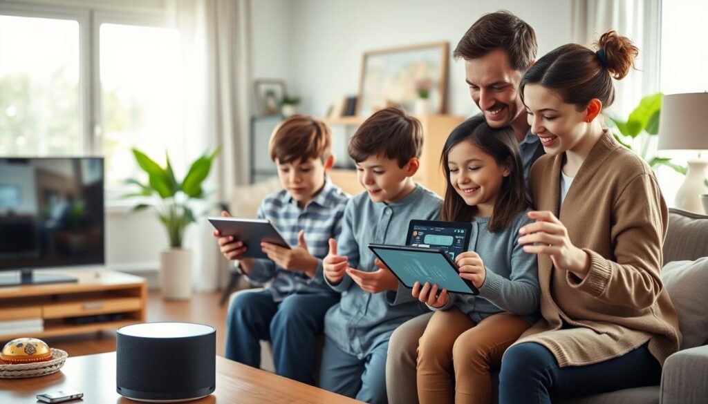 A modern family living room filled with smart home devices, showcasing a cozy atmosphere. In the foreground, a father and mother, both dressed in casual yet professional attire, are engaging with their children as they demonstrate how to use a smart home app on a tablet. The children, aged 8 and 10, appear excited and curious while exploring various features, like smart lighting and security systems. In the middle ground, a sleek device like a smart speaker or screen is prominently displayed. The background features a well-lit room with contemporary furniture and green plants, conveying a sense of warmth and safety. Soft, natural daylight filters through large windows, creating an inviting mood. The camera angle is slightly elevated, giving a clear view of the family interaction and technology.