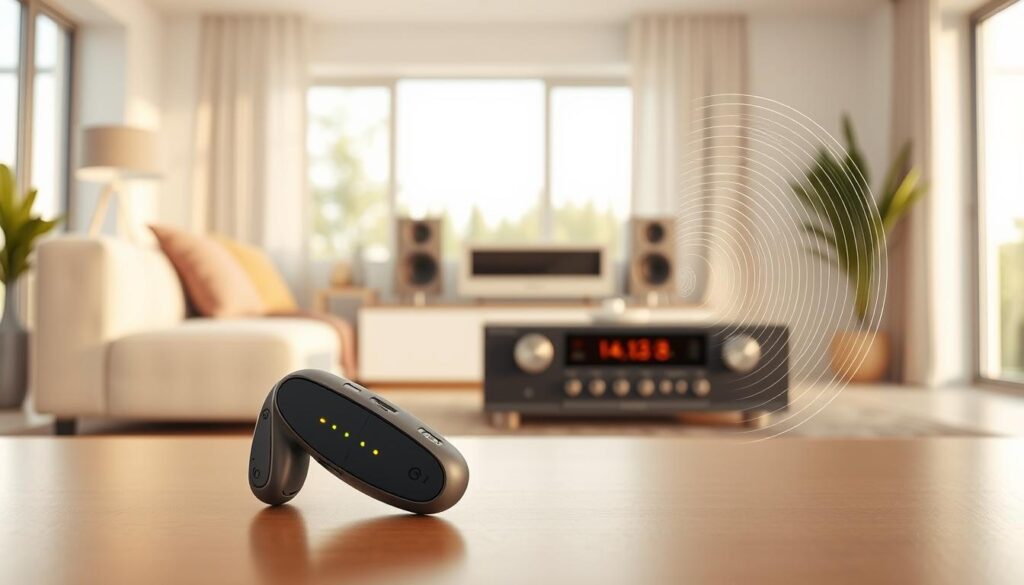 A modern living room setting showcasing a sleek wireless hearing aid integrated seamlessly with a high-tech home audio system. In the foreground, a close-up of the hearing aid, featuring advanced connectivity options with visible LED indicators, suggesting a state-of-the-art design. In the middle ground, display an elegant audio receiver with connected speakers, radiating sound waves visually depicted as soft lines or ripples. The background features a stylish, bright room with minimalistic décor, large windows allowing natural light to filter in, creating an inviting atmosphere. Capture the image with a soft focus lens, using warm lighting to enhance the calm and efficient vibe of the space.