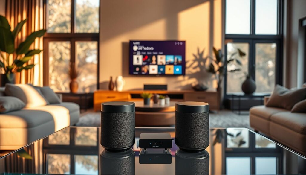 A modern smart home audio system prominently displayed in a stylish, contemporary living room. In the foreground, sleek smart speakers with a minimalist design and subtle LED indicators sit on a glass coffee table. In the middle, an elegant wall-mounted screen shows a vibrant music interface with colorful album art, while shadows are softly cast across the room, creating a cozy feel. In the background, large windows allow warm, natural light to flood the space, highlighting plush seating and decorative houseplants. The atmosphere is inviting and tech-savvy, ideal for enjoying music or radio stations with voice control. Capture this scene from a slightly elevated angle to provide depth and showcase the audio system in action.