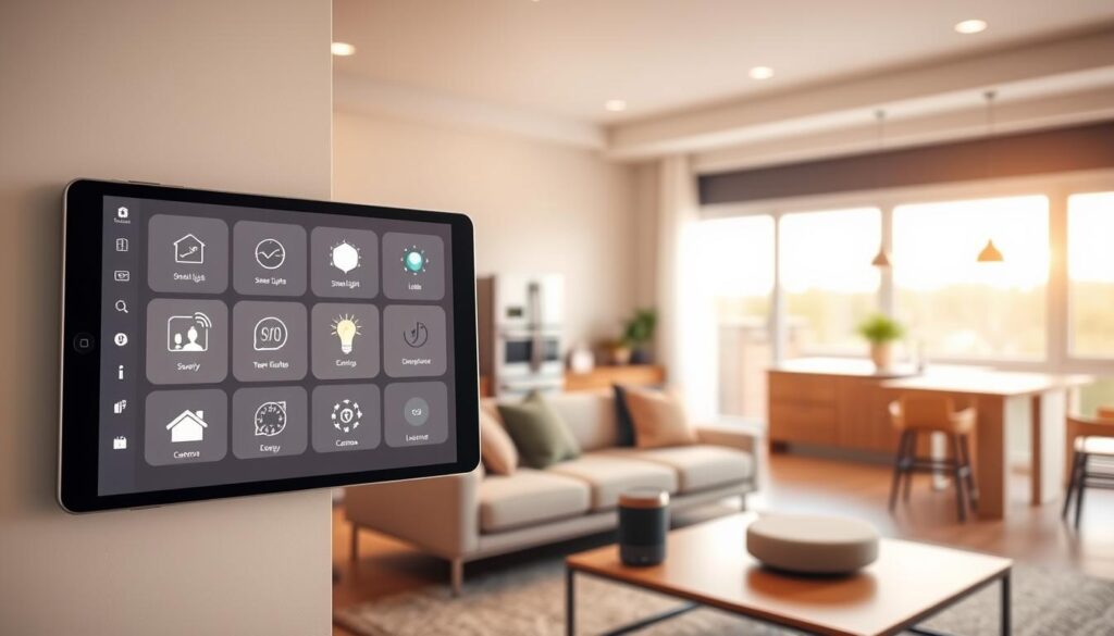 A modern smart home interior showcasing a seamless automation ecosystem. In the foreground, a sleek tablet mounted on a wall displays various smart home controls and an array of compatible devices, such as smart lights, thermostat, and security cameras. In the middle, a stylish living room features a comfortable sofa with a smart speaker on the coffee table and energy-efficient appliances in the kitchen visible in the background. Soft, warm lighting creates a cozy atmosphere, while natural light streams in through large windows. The scene should convey a sense of technological harmony and convenience. Capture the image from a slightly elevated angle for depth, focusing on the integration of devices within everyday life.