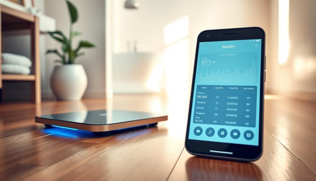 A modern smart scale device placed prominently in the foreground, showcasing its sleek design with a digital display illuminated in soft blue light. The scale sits on a polished wooden floor, reflecting its contemporary aesthetics. In the middle ground, a stylish smartphone with a health app open, displaying weight data and graphs, complements the scale, indicating the syncing process. The background features a softly lit bathroom setting, with bright, warm lighting that creates an inviting atmosphere and reflects cleanliness and wellness. A potted plant adds a touch of nature, enhancing the serene vibe. Capture this scene from a slight angle to emphasize the connection between the smart scale and the digital app, conveying a sense of innovation and everyday health management.