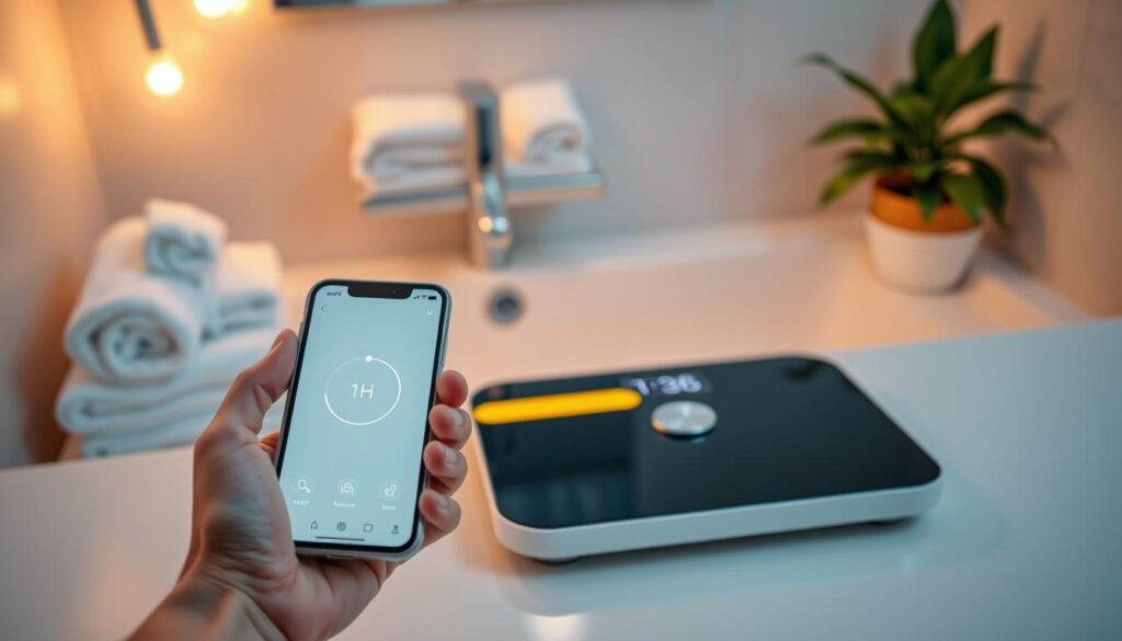 A modern smart scale placed prominently in a neatly organized bathroom setting, showcasing its sleek design with a digital display glowing softly. In the foreground, a hand is seen holding a smartphone displaying a health app, indicating a syncing process with the scale. The middle ground features a stylish ambient light casting a warm glow to enhance the atmosphere of technology and wellness. In the background, there are neatly arranged towels and a potted plant, contributing to a calm and inviting environment. The shot is taken from a slightly elevated angle, capturing both the scale and the phone, with a focus on connecting them. The overall mood conveys convenience and modern living, emphasizing efficient health management in a bright, clean space.