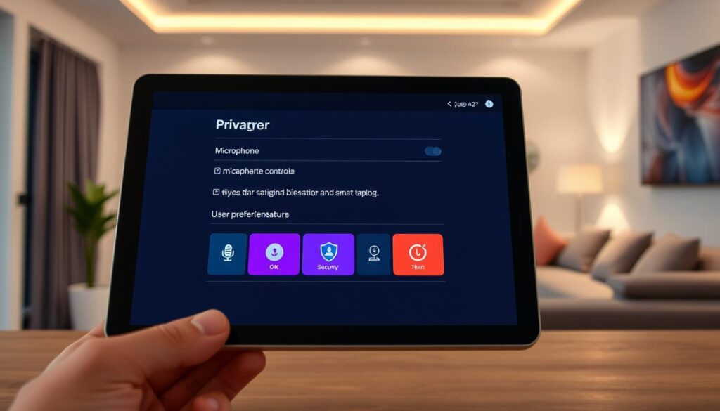 A modern, stylish smart home interior showcasing privacy settings on a digital interface. In the foreground, a sleek tablet displays vivid icons representing microphone controls, security features, and user preferences. The middle layer features a contemporary living room with futuristic smart devices, including a smart speaker and a home security camera, all arranged neatly. The background displays a wall adorned with soft, ambient lighting that creates a warm and inviting atmosphere. The scene is shot from a slight angle that emphasizes the tablet, with gentle, diffused natural light illuminating the space. The overall mood conveys security, comfort, and technological sophistication, emphasizing the importance of managing privacy in smart homes.